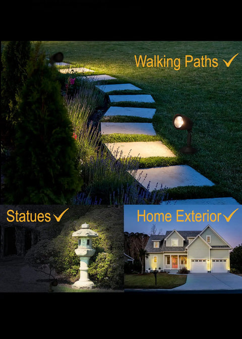 LED Outdoor Flood Light 10W Hardwired Spotlight, illuminating a garden path and home exterior, 360 degree adjustable head.