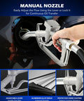 Manual nozzle of Grab And Go 12V Diesel Transfer Pump Kit in use with adjustable lever, shown in aluminum alloy build.