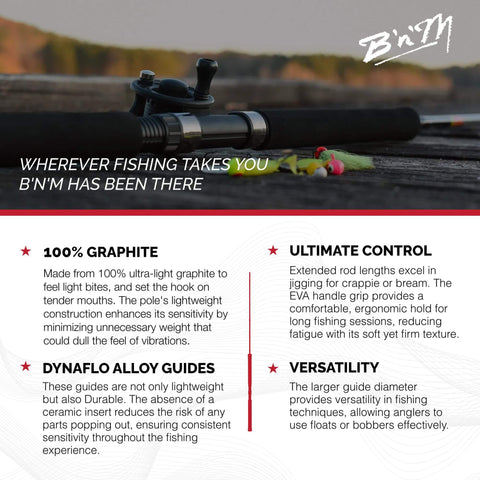Graphite Jig Pole 16 Foot Three Sections Ultralight Durable Pole With DynaFlo Guides for ice fishing, highlighted features backdrop.