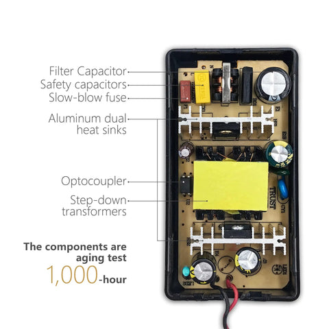 Close-up of internal circuitry for Premium 60W AC To DC Car Cigarette Lighter Adapter with labeled components.