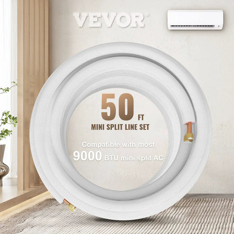 Fifty Foot Copper Line Set For Mini Split Air Conditioner And Heat Pump, Includes Three Eighths Inch And One Quarter Inch OD Copper Pipes With Flared Ends, White Finish, 9000 BTU Compatible.