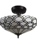 Vintage Tiffany Style Ceiling Lamp 17 Inch Wide With White Jeweled Stained Glass Chandelier Lighting For Dining Room