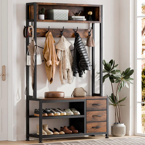 Front view of Rustic Brown Hall Tree with bench, shoe storage, coat rack with 12 hooks, 3 drawers, and shelves in a bright entryway.