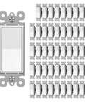 Matte White Decorator Rocker Paddle Light Switch 50 Pack Single Pole 15A 120 To 277V On Off Interrupter UL Listed Scratch Resistant Polycarbonate Housing 10000 Plus Cycle Tested For Residential And Commercial Use front view and 50-pack array