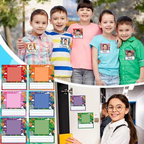 Kids Photo Nameplates For Desk Self Adhesive Name Tags With Photo Space 48 Pieces In 6 Cool Animal Themed Styles in use