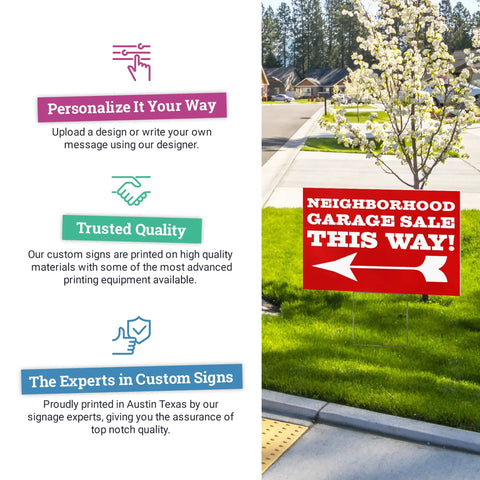 Double Sided Customizable Outdoor Yard Sign Made From Corrugated Plastic With Metal H Stake For Biz Garage Sale Home Or Office Use Easy To Design And Read 18x24 Inches showing a garage sale direction.