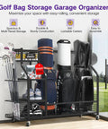 All-In-One Golf Bag Storage Organizer On Wheels, 3-Tier Stand For Home Garage Club Shed Or Basement, stores accessories
