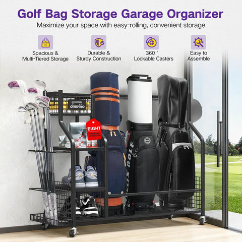 All-In-One Golf Bag Storage Organizer On Wheels, 3-Tier Stand For Home Garage Club Shed Or Basement, stores accessories