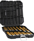 Open case of Workhorse Titanium Coated Drill Bit Set With Cr V Bits And Quick Change Adapter, 46 Piece Twist Bits Plus 29 Piece HSS Bits