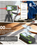 All In One 3 In 1 Laser Distance Meter With 400 Foot Range, 33 Foot Green Cross Line Level, 6.5 Foot Digital Tape Measure, Rechargeable Battery, Voice Readout, Multi Mode, Rugged Tool For Construction And Home Projects Great For Pros And DIYers. Laser meter on tripod measuring a tiled wall, with 100-group data record shown.