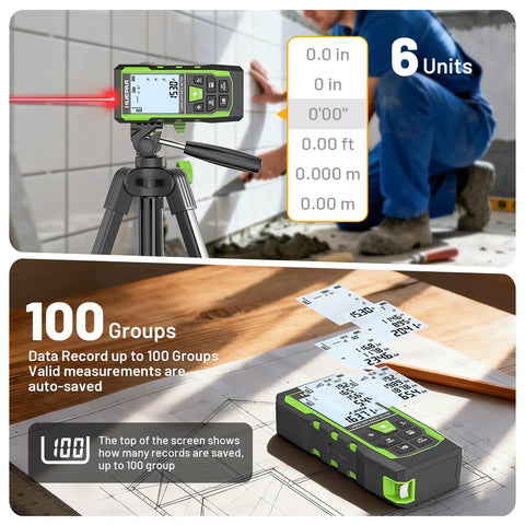 All In One 3 In 1 Laser Distance Meter With 400 Foot Range, 33 Foot Green Cross Line Level, 6.5 Foot Digital Tape Measure, Rechargeable Battery, Voice Readout, Multi Mode, Rugged Tool For Construction And Home Projects Great For Pros And DIYers. Laser meter on tripod measuring a tiled wall, with 100-group data record shown.