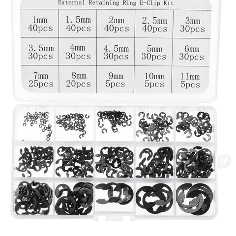 All In One Snap Ring Kit 400 pcs external retaining circlips set with 15 metric sizes from 1mm to 11mm blackened carbon steel