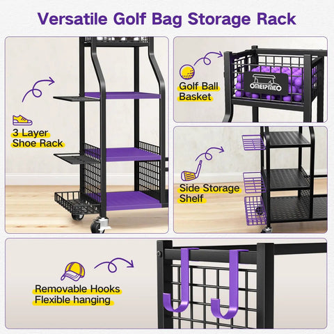 All-In-One Golf Bag Storage Organizer On Wheels, 3-Tier Stand With shoe rack, golf ball basket, hooks, and storage shelf details.