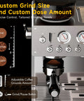 Straight Up Premium Espresso Machine With Built In Grinder And 20 Bar Pump showing custom grind settings and dose controls in stainless steel.