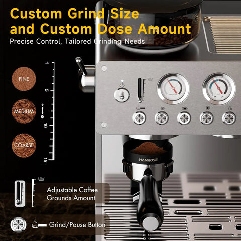 Straight Up Premium Espresso Machine With Built In Grinder And 20 Bar Pump showing custom grind settings and dose controls in stainless steel.