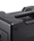 Close-up of Heavy Duty 72TB Thunderbolt 3 Raid Drive Array showing matte black housing and handle for portability.