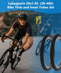 Cyclist on road with two mountain bike tires and tubes set with 20x1.95 tire and 32mm inner tubes, folding replacement shown