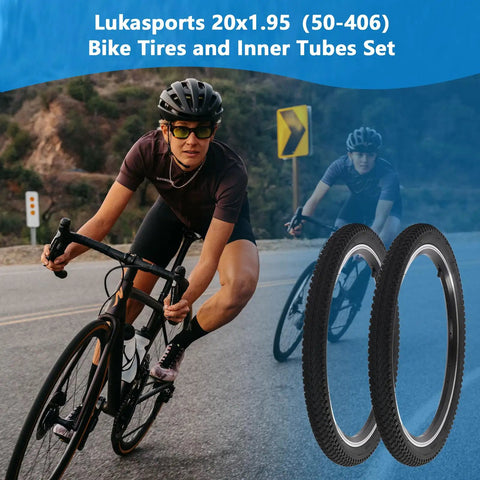Cyclist on road with two mountain bike tires and tubes set with 20x1.95 tire and 32mm inner tubes, folding replacement shown