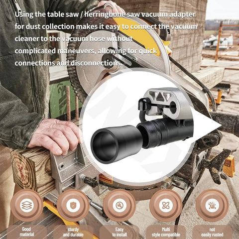 Super Handy Miter Saw Vacuum Adapter for Dust Collection connects 1-7/8 in hose to 2-1/2 in saw outlet shown in use on table saw.