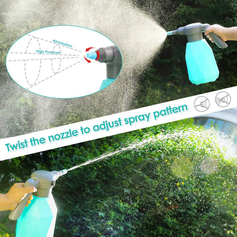 Half Gallon Electric Spray Bottle Mister For Indoor And Outdoor Plants in use with adjustable nozzle spray pattern demonstration
