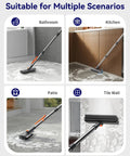 Grime Busting 3 In 1 Floor Scrub Brush With Adjustable Long Handle Heavy Duty Stiff Bristles Squeegee And Tweezers For Scrubbing Bathrooms Tile Deck Patio Garage And Kitchen in various settings.