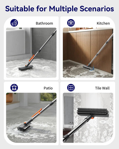 Grime Busting 3 In 1 Floor Scrub Brush With Adjustable Long Handle Heavy Duty Stiff Bristles Squeegee And Tweezers For Scrubbing Bathrooms Tile Deck Patio Garage And Kitchen in various settings.