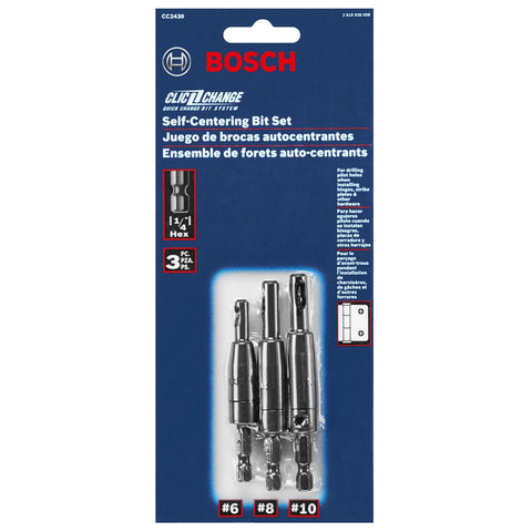 Bosch CC2430 Clic-Change 1/4 in self-centering drill bit set, 3-piece with sizes #6, #8, #10.