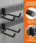 Two Pack E Track Heavy Duty Double J Tool Hook Holder 13mm Diameter Powder Coated Steel For Long Handled Tools on wall