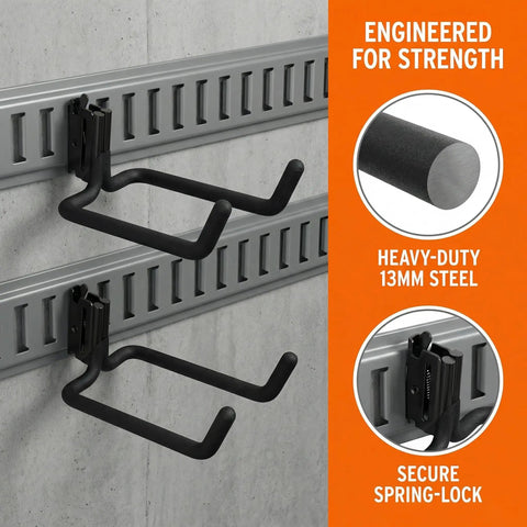 Two Pack E Track Heavy Duty Double J Tool Hook Holder 13mm Diameter Powder Coated Steel For Long Handled Tools on wall