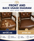Front and back usage diagram showing chair before and after using Self Adhesive Leather Repair Patch Tape Kit For Furniture And Car Interiors DIY Friendly Easy No Heat No Ironing No Tools Needed Waterproof Vinyl Patch For Couches Sofas Car Seats Office Chairs 3.1 Inch By 60 Inch.