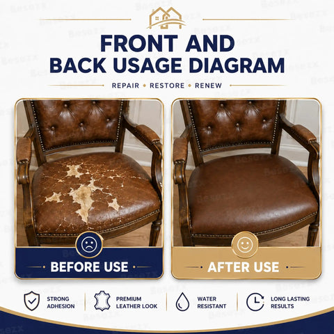 Front and back usage diagram showing chair before and after using Self Adhesive Leather Repair Patch Tape Kit For Furniture And Car Interiors DIY Friendly Easy No Heat No Ironing No Tools Needed Waterproof Vinyl Patch For Couches Sofas Car Seats Office Chairs 3.1 Inch By 60 Inch.