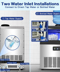 Diagram of Heavy Duty Beast Mode Commercial Ice Maker 110 Lbs Per Day showing dual water inlets, tap, and bottled water setup.