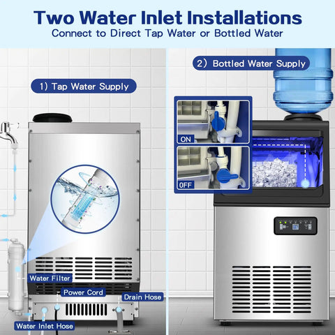 Diagram of Heavy Duty Beast Mode Commercial Ice Maker 110 Lbs Per Day showing dual water inlets, tap, and bottled water setup.