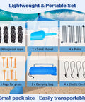 Sun Shield Beach Canopy 11x11 Ft Easy Pop Up Tent With UPF50 Plus Protection accessories on beach, ropes, shovel, poles