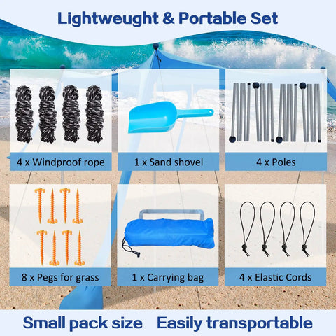 Sun Shield Beach Canopy 11x11 Ft Easy Pop Up Tent With UPF50 Plus Protection accessories on beach, ropes, shovel, poles