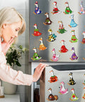 Woman admiring Goose Diamond Painting Magnets Set For Fridge 30 Pieces on stainless steel fridge door.