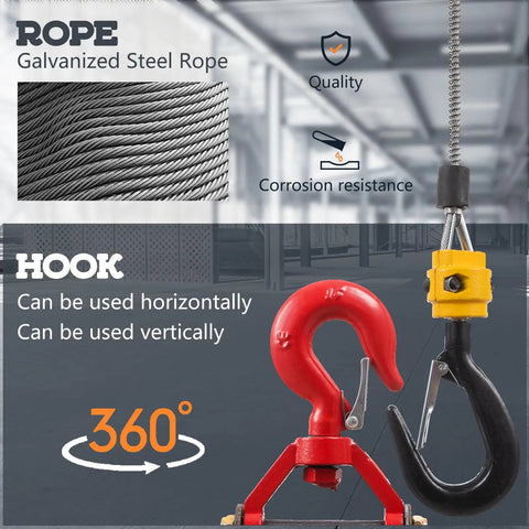 Top Rated Leomru 1100 Lb Electric Hoist Winch with Remote Control showing galvanized steel rope and versatile 360° hook.