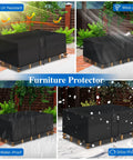 Waterproof Outdoor Coffee Table Cover For 42 Inch Long By 24 Inch Wide By 18 Inch High Rectangular Patio Table Black All Weather UV Resistant Protector For Outdoor Furniture shown in various weather conditions.