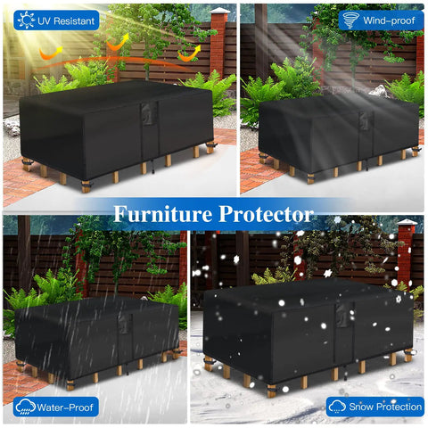 Waterproof Outdoor Coffee Table Cover For 42 Inch Long By 24 Inch Wide By 18 Inch High Rectangular Patio Table Black All Weather UV Resistant Protector For Outdoor Furniture shown in various weather conditions.