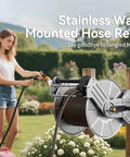 Heavy Duty Stainless Steel Garden Hose Reel With Crank Wall Or Floor Mount Retractable Hose Organizer For 150 Ft Of Five Eighth Inch Hose No More Messy Coils Easy Wind Roll And Store Built Tough For The Yard installed outdoors