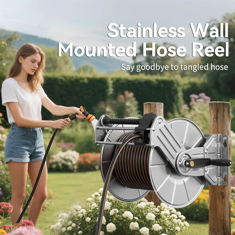 Heavy Duty Stainless Steel Garden Hose Reel With Crank Wall Or Floor Mount Retractable Hose Organizer For 150 Ft Of Five Eighth Inch Hose No More Messy Coils Easy Wind Roll And Store Built Tough For The Yard installed outdoors