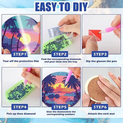 Step-by-step guide for 8 Piece Diamond Painting Coasters Kit With Holder For Newbies And Grown Ups, DIY Landscape Coaster Set