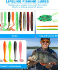 Various fishing lures including grubs, frog lures, and swimbaits used in 3 Layer Tackle Box With Tackle Included, 321 Pcs Lure Kit.