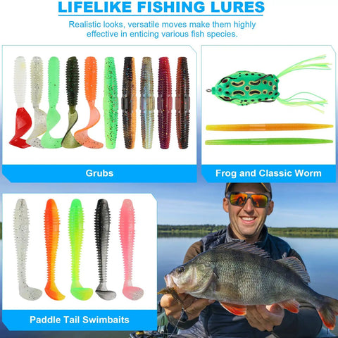 Various fishing lures including grubs, frog lures, and swimbaits used in 3 Layer Tackle Box With Tackle Included, 321 Pcs Lure Kit.