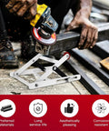 Workhorse Adjustable Height Table Saw Rollers Heavy Duty Fold Flat Cutting Machine Sidekick Support Frame Rust Resistant Steel Pro Shop Tools Set Four in use, supporting cutting work.