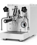 Next Level Home Bar Essentials Italian Handcrafted Espresso Machine With Heat Exchanger And E61 Manual Controls Badass Stainless Steel Chassis Three Liter Tank Fresh White Finish close-up view with toggle switches and gauge.