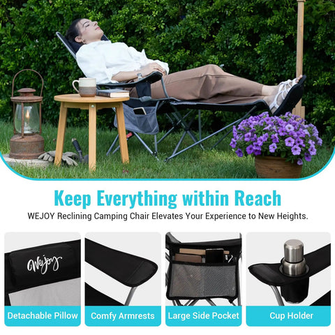 2 In 1 Reclining Camping Chair With Footrest For Adults, woman relaxing outdoors with adjustable backrest and cup holder