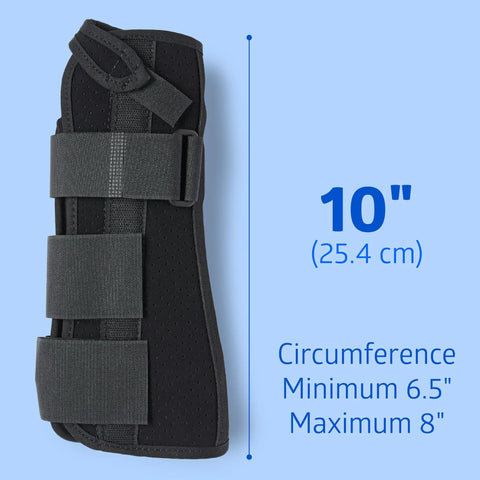 Slip On Wrist And Forearm Splints for Right Arm, Medium, 10 Inch, with adjustable hook and loop straps, shown with dimensions