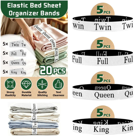 Top Tier Bed Sheet Organizers And Closet Storage Bands Keeps Your Linens Squared Away For Good Includes Labeled Sorters for Twin Full Queen King Sets, pack of 20 elastic bands.