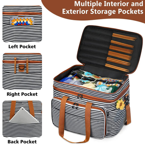 3 Piece Crochet Bag Set With Wrist Yarn Holder Large Waterproof Yarn Tote Knitting Organizer With Adjustable Strap inside view